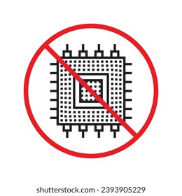 Forbidden processor vector icon. Warning, caution, attention, restriction, label, ban, danger. No CPU flat sign design pictogram symbol. No micro chip icon UX UI