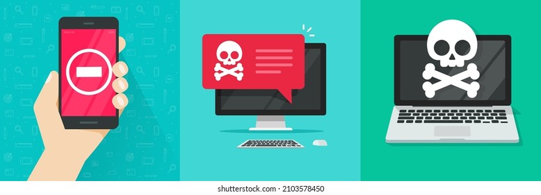 Prohibido acceso prohibido a teléfonos celulares móviles vector y ataque antivirus de alerta de malware denegado en la pantalla de computadora ilustración de dibujos animados planos, concepto de crimen cibernético, advertencia de precaución de riesgo  