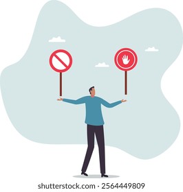 Forbidden, prohibited or restriction, stop sign caution or banned attention, illegal, wrong or false information to avoid, risk and danger .business concept.flat character.