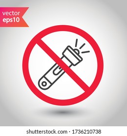 Prohibido Advertencia de restricción de atención etiquetan peligro de precaución. No hay icono del vector Flashlight. Diseño de señales de linterna. Símbolo de pictograma plano EPS 10