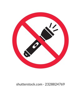 Prohibido Advertencia de restricción de atención etiquetan peligro de precaución. No hay icono del vector Flashlight. Diseño de señales de linterna. Símbolo de pictograma plano EPS 10