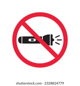 Prohibido Advertencia de restricción de atención etiquetan peligro de precaución. No hay icono del vector Flashlight. Diseño de señales de linterna. Símbolo de pictograma plano EPS 10