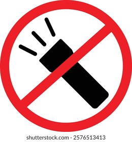 Forbidden Prohibited Warning attention restriction label caution danger. No Flashlight icon. Flashlight sign design in trendy style. Flashlight flat isolated on white background. Vector illustration
