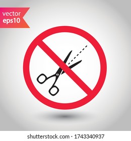 Forbidden Prohibited Warning, caution, attention, restriction label danger. Do not use Scissors vector icon. Haircutter flat sign design. No Scissors symbol pictogram
