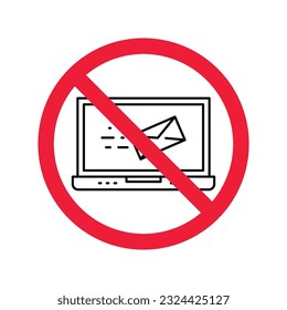 Prohibido Advertencia, precaución, atención, peligro de restricción. No usar icono vectorial de portátil, diseño de señalización plana prohibido de portátil, sin signo de portátil, no usar pictograma de símbolo de equipo