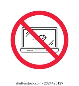 Forbidden Prohibited Warning, caution, attention, restriction label danger. Do not use laptop vector icon, notebook prohibited flat sign design, no laptop sign, do not use computer symbol pictogram