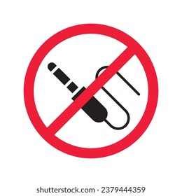 Forbidden Prohibited Warning, caution, attention, restriction label danger. No audio cabel vector icon. Do not use DJ cabel sign design. No AUX symbol flat pictogram. 