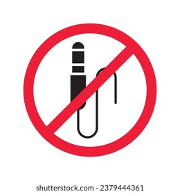 Forbidden Prohibited Warning, caution, attention, restriction label danger. No audio cabel vector icon. Do not use DJ cabel sign design. No AUX symbol flat pictogram. 