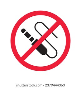 Forbidden Prohibited Warning, caution, attention, restriction label danger. No audio cabel vector icon. Do not use DJ cabel sign design. No AUX symbol flat pictogram. 