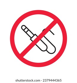 Forbidden Prohibited Warning, caution, attention, restriction label danger. No audio cabel vector icon. Do not use DJ cabel sign design. No AUX symbol flat pictogram. 