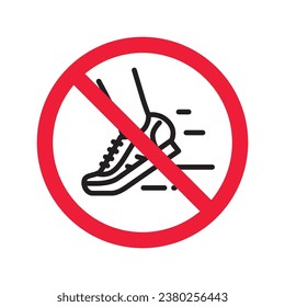 Forbidden Prohibited Warning, caution, attention, restriction label danger. No sneakers vector icon. Do not run sign design. No sport shoe symbol flat pictogram. No shoes