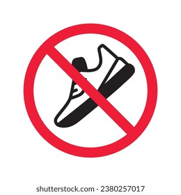 Forbidden Prohibited Warning, caution, attention, restriction label danger. No sneakers vector icon. Do not run sign design. No sport shoe symbol flat pictogram. No shoes