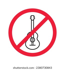 Forbidden Prohibited Warning, caution, attention, restriction label danger. No guitar vector icon. Do not use electro guitar sign design. No rock music symbol flat pictogram.