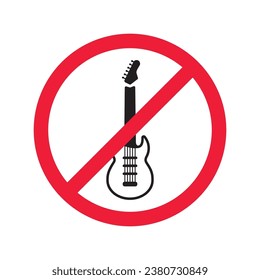 Forbidden Prohibited Warning, caution, attention, restriction label danger. No guitar vector icon. Do not use electro guitar sign design. No rock music symbol flat pictogram.