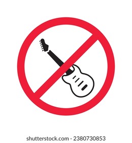 Forbidden Prohibited Warning, caution, attention, restriction label danger. No guitar vector icon. Do not use electro guitar sign design. No rock music symbol flat pictogram.