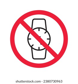 Forbidden Prohibited Warning, caution, attention, restriction label danger. No hand watch vector icon. Do not use watches sign design. No watch time symbol flat pictogram. No clock icon