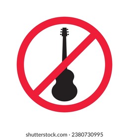 Forbidden Prohibited Warning, caution, attention, restriction label danger. No guitar vector icon. Do not use electro guitar sign design. No rock music symbol flat pictogram.