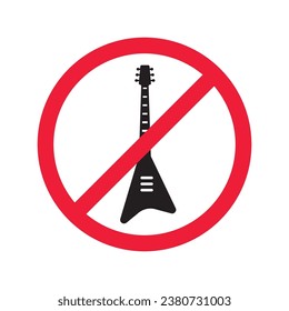 Forbidden Prohibited Warning, caution, attention, restriction label danger. No guitar vector icon. Do not use electro guitar sign design. No rock music symbol flat pictogram.