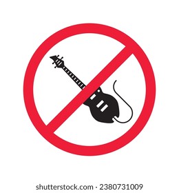 Forbidden Prohibited Warning, caution, attention, restriction label danger. No guitar vector icon. Do not use electro guitar sign design. No rock music symbol flat pictogram.