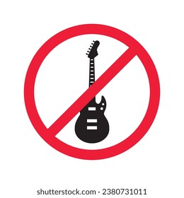 Forbidden Prohibited Warning, caution, attention, restriction label danger. No guitar vector icon. Do not use electro guitar sign design. No rock music symbol flat pictogram.