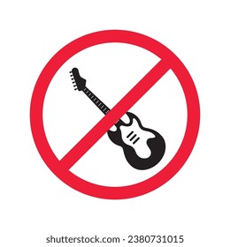 Forbidden Prohibited Warning, caution, attention, restriction label danger. No guitar vector icon. Do not use electro guitar sign design. No rock music symbol flat pictogram.