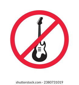 Forbidden Prohibited Warning, caution, attention, restriction label danger. No guitar vector icon. Do not use electro guitar sign design. No rock music symbol flat pictogram.