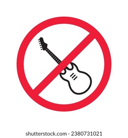 Forbidden Prohibited Warning, caution, attention, restriction label danger. No guitar vector icon. Do not use electro guitar sign design. No rock music symbol flat pictogram.