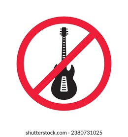 Forbidden Prohibited Warning, caution, attention, restriction label danger. No guitar vector icon. Do not use electro guitar sign design. No rock music symbol flat pictogram.