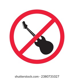 Forbidden Prohibited Warning, caution, attention, restriction label danger. No guitar vector icon. Do not use electro guitar sign design. No rock music symbol flat pictogram.