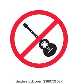 Forbidden Prohibited Warning, caution, attention, restriction label danger. No guitar vector icon. Do not use electro guitar sign design. No rock music symbol flat pictogram.