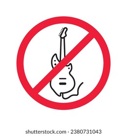 Forbidden Prohibited Warning, caution, attention, restriction label danger. No guitar vector icon. Do not use electro guitar sign design. No rock music symbol flat pictogram.