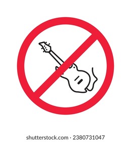 Forbidden Prohibited Warning, caution, attention, restriction label danger. No guitar vector icon. Do not use electro guitar sign design. No rock music symbol flat pictogram.