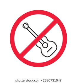 Forbidden Prohibited Warning, caution, attention, restriction label danger. No guitar vector icon. Do not use electro guitar sign design. No rock music symbol flat pictogram.