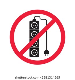 Forbidden Prohibited Warning, caution, attention, restriction label danger. No extension cord vector icon. Do not use extension cord sign design. No extension cord voltage symbol flat pictogram.