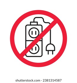 Forbidden Prohibited Warning, caution, attention, restriction label danger. No extension cord vector icon. Do not use extension cord sign design. No extension cord voltage symbol flat pictogram.