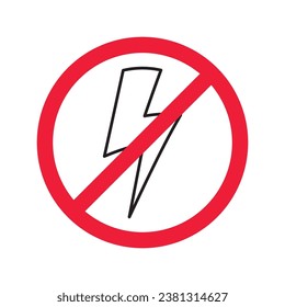 Forbidden Prohibited Warning, caution, attention, restriction label danger. No energy vector icon. Do not use charger sign design. No thunder symbol flat pictogram. No lightning