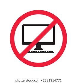 Prohibido Advertencia, precaución, atención, peligro de restricción. No hay icono del vector del equipo. No utilice el diseño de signos de pc. No hay ningún pictograma plano con símbolo de pantalla de monitor. Sin equipo