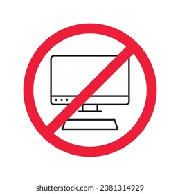 Prohibido Advertencia, precaución, atención, peligro de restricción. No hay icono del vector del equipo. No utilice el diseño de signos de pc. No hay ningún pictograma plano con símbolo de pantalla de monitor. Sin equipo