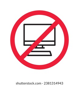 Prohibido Advertencia, precaución, atención, peligro de restricción. No hay icono del vector del equipo. No utilice el diseño de signos de pc. No hay ningún pictograma plano con símbolo de pantalla de monitor. Sin equipo