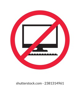 Prohibido Advertencia, precaución, atención, peligro de restricción. No hay icono del vector del equipo. No utilice el diseño de signos de pc. No hay ningún pictograma plano con símbolo de pantalla de monitor. Sin equipo
