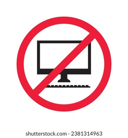 Prohibido Advertencia, precaución, atención, peligro de restricción. No hay icono del vector del equipo. No utilice el diseño de signos de pc. No hay ningún pictograma plano con símbolo de pantalla de monitor. Sin equipo