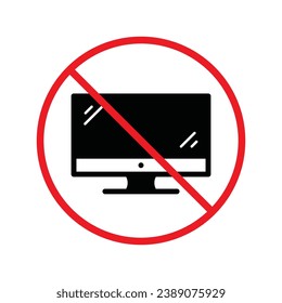 Prohibido Advertencia, precaución, atención, peligro de restricción. No hay icono del vector del equipo. No utilice el diseño de signos de PC. No hay ningún pictograma plano con símbolo de pantalla de monitor. No hay interfaz de usuario de UX de equipo