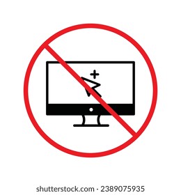 Prohibido Advertencia, precaución, atención, peligro de restricción. No hay icono del vector del equipo. No utilice el diseño de signos de PC. No hay ningún pictograma plano con símbolo de pantalla de monitor. No hay interfaz de usuario de UX de equipo
