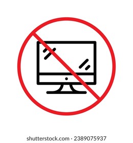 Prohibido Advertencia, precaución, atención, peligro de restricción. No hay icono del vector del equipo. No utilice el diseño de signos de PC. No hay ningún pictograma plano con símbolo de pantalla de monitor. No hay interfaz de usuario de UX de equipo