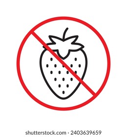 Verbotene Warnung, Vorsicht, Aufmerksamkeit, Restriktionskennzeichnung Gefahr. Keine Erdbeere, Vektorsymbol. Verwenden Sie keine Erdbeeren-Schilder. Kein Erdbeersymbol