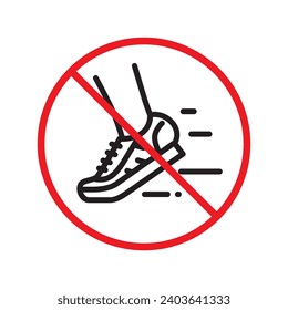 Forbidden Prohibited Warning, caution, attention, restriction label danger. No sneakers vector icon. Do not run sign design. No sport shoe symbol flat pictogram. No shoes