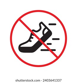 Forbidden Prohibited Warning, caution, attention, restriction label danger. No sneakers vector icon. Do not run sign design. No sport shoe symbol flat pictogram. No shoes