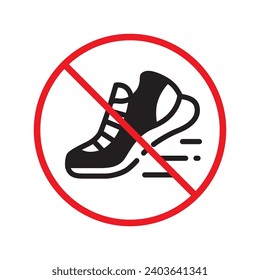 Forbidden Prohibited Warning, caution, attention, restriction label danger. No sneakers vector icon. Do not run sign design. No sport shoe symbol flat pictogram. No shoes