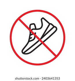 Prohibido Advertencia, precaución, atención, peligro de restricción. No hay ningún icono vectorial de las zapatillas. No ejecute el diseño de signos. No hay ningún pictograma plano con símbolo de zapato deportivo. Sin zapatos