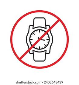 Forbidden Prohibited Warning, caution, attention, restriction label danger. No hand watch vector icon. Do not use watches sign design. No watch time symbol flat pictogram. No clock icon